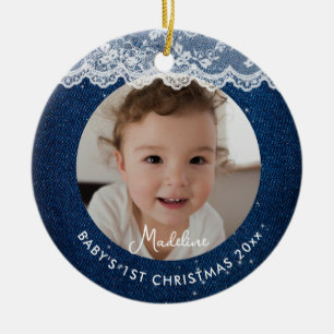 Baby Första Jul Denim Rustik Spets Blå Vit Julgransprydnad Keramik