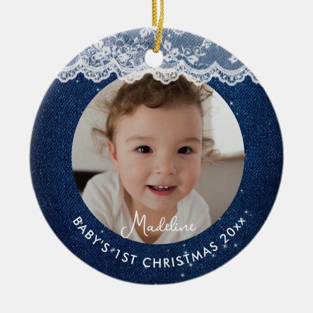 Baby Första Jul Denim Rustik Spets Blå Vit Julgransprydnad Keramik (Framsidan)
