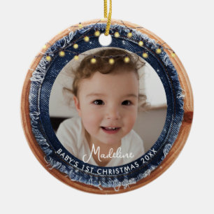 Baby Första Jul Denim Rustik Trä Ljus Foto Julgransprydnad Keramik