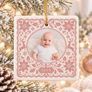 Baby Första Jul Dusty Rose Spets Fyrkantig Foto Julgransprydnad Keramik