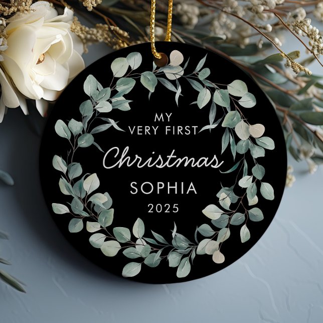Baby Första jul Eucalyptus Utandningssvart Julgransprydnad Keramik (Skapare uppladdad)