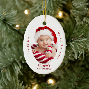 Baby Första Jul Födelse Statistik Namn Minimal Röd Julgransprydnad Keramik