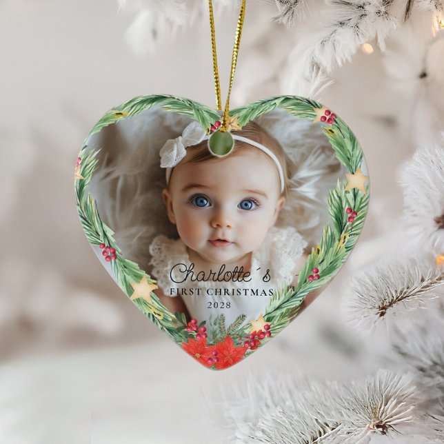 Baby Första jul - Foto Julgransprydnad Keramik (Baby's First Christmas – Photo - Heart - Ceramic Ornament.)