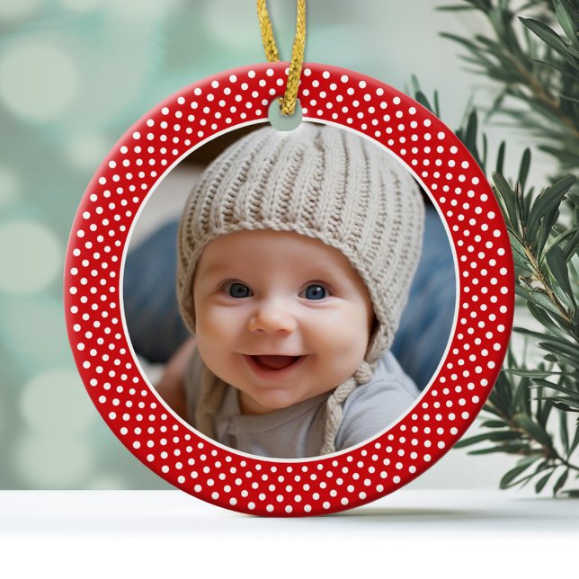 Baby Första jul - foto med namn på baksidan Julgransprydnad Keramik (Personalized Christmas Photo Ornament)