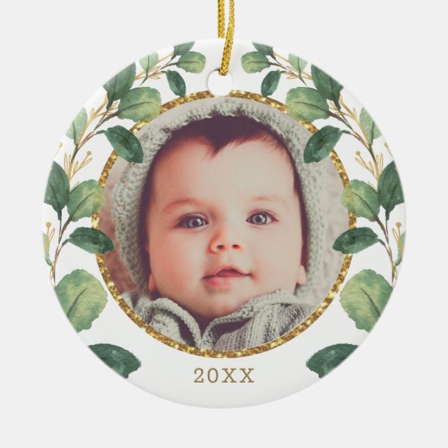 Baby Första jul Greenery Guld Eucalyptus Julgransprydnad Keramik (Framsidan)