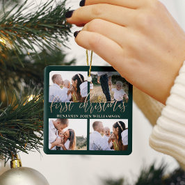 Baby första jul, Grönt, Guld, fyra foto Julgransprydnad Keramik