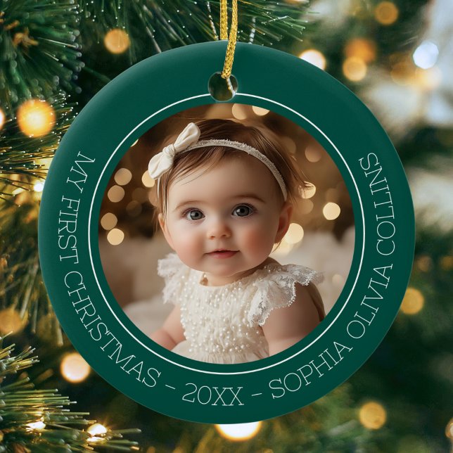 Baby Första jul-Grönten Modern Photo Newborn Julgransprydnad Keramik (Baby's First Christmas Green Modern Photo Newborn Ceramic Ornament)