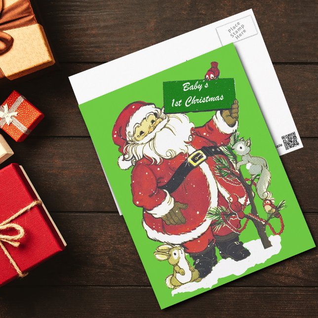 Baby första jul gulliga Santa Helg Vykort (Santa Claus decorated tree cute forest animals on green Baby's First Christmas post card.)