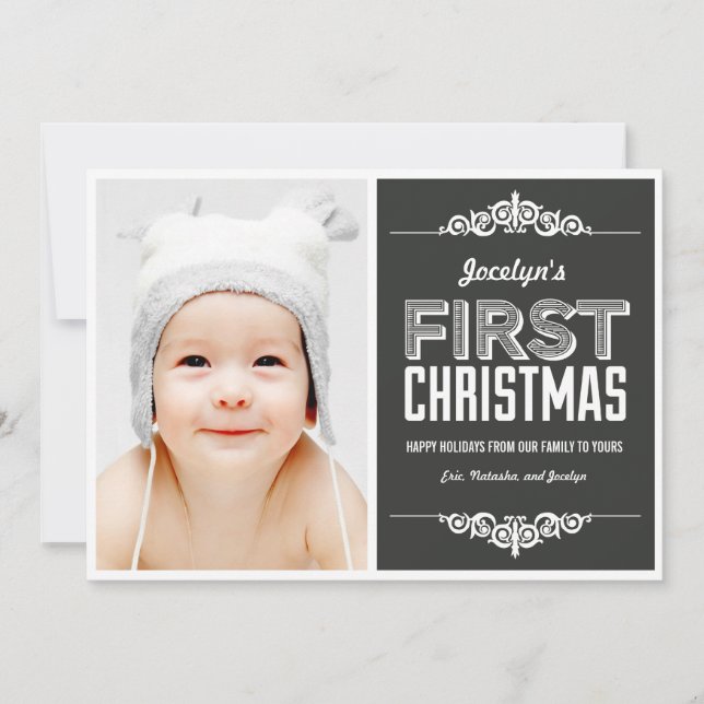 Baby Första jul-Helgdagskorten - Charcol Inbjudningar (Framsida)