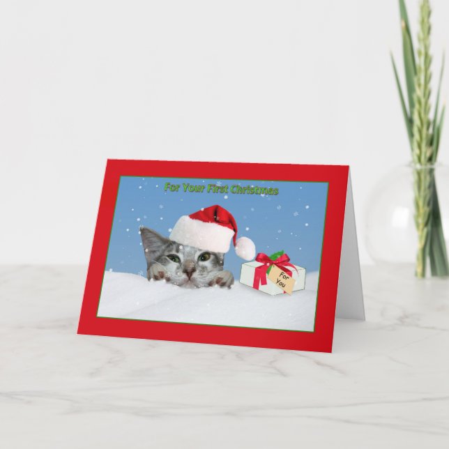 Baby första jul, katt i snö helgkort (Framsida)