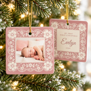 Baby Första Jul Kräm Spets Damrose Julgransprydnad Keramik
