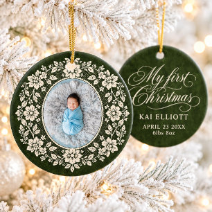Baby Första Jul Kräm Spets Grön Födelse Statistik Julgransprydnad Keramik