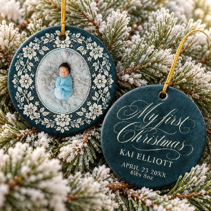 Baby Första Jul Kräm Spets Navyblå Julgransprydnad Keramik