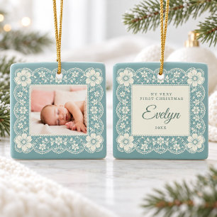 Baby Första Jul Kräm Spets Turkos Grön Julgransprydnad Keramik