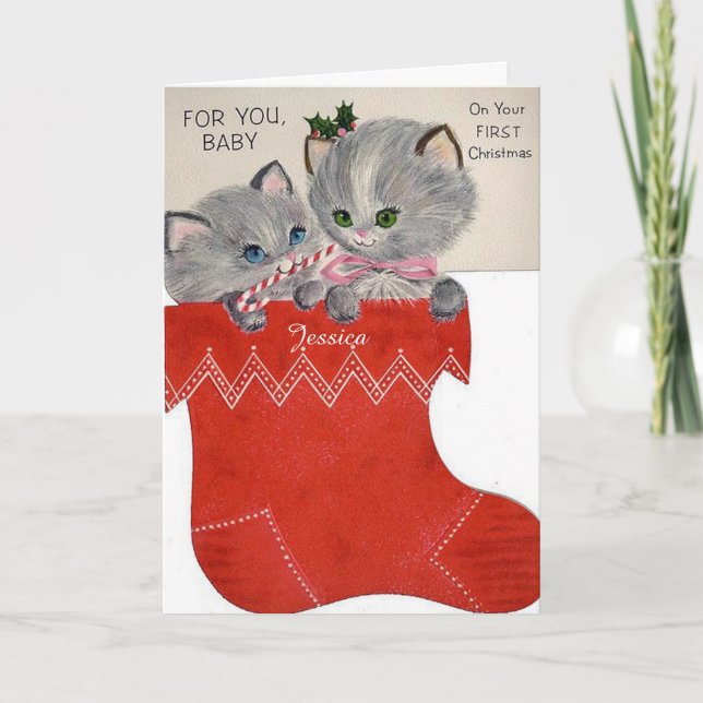 Baby Första jul med Cute Kittens i Socks Helgkort (Framsida)