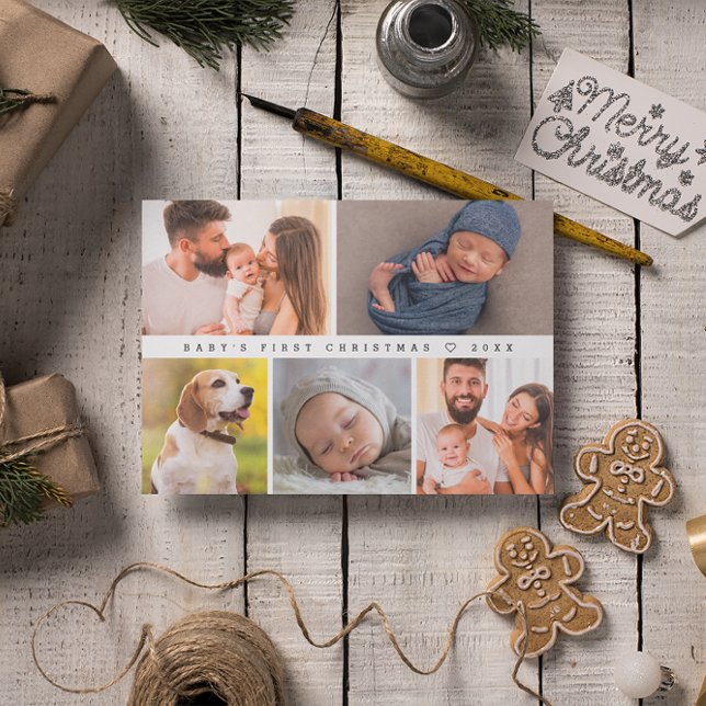 Baby Första jul Modern Photo Collage Lycklig Julkort (Baby's first Christmas, newborn photography custom family holiday card.)