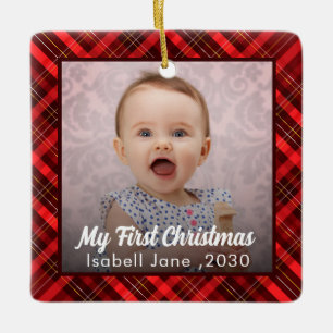 Baby Första jul Newborn Photo red plaid Julgransprydnad Keramik