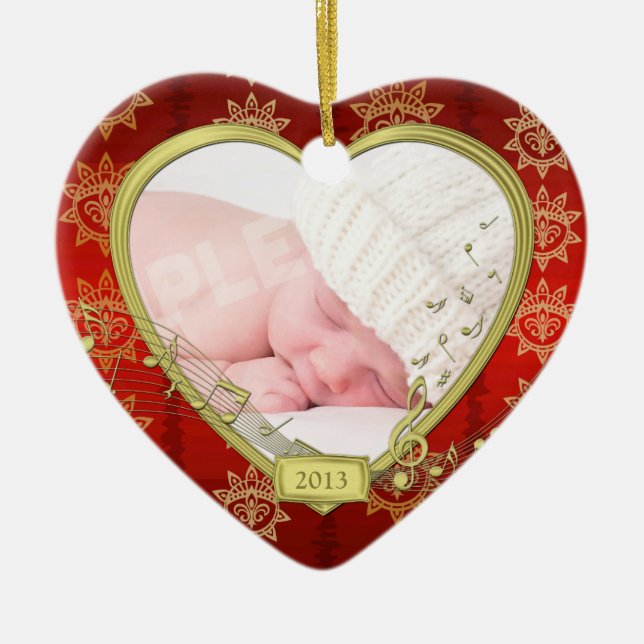 Baby Första jul Red Guld Photo Heart Julgransprydnad Keramik (Framsidan)