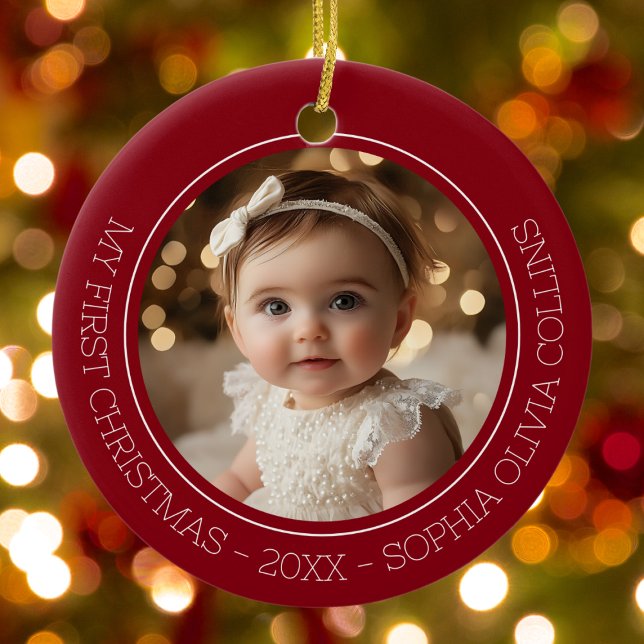 Baby Första jul Red Modern 2 Photo Newborn Julgransprydnad Keramik (Baby's First Christmas Red Modern 2 Photo Newborn Ceramic Ornament)