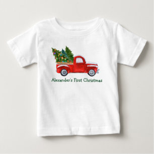 Baby Första Jul Röda Lastbil Grön Namn T Shirt