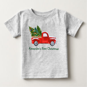 Baby Första jul Röda Lastbil-Grönten Namn Grått T Shirt