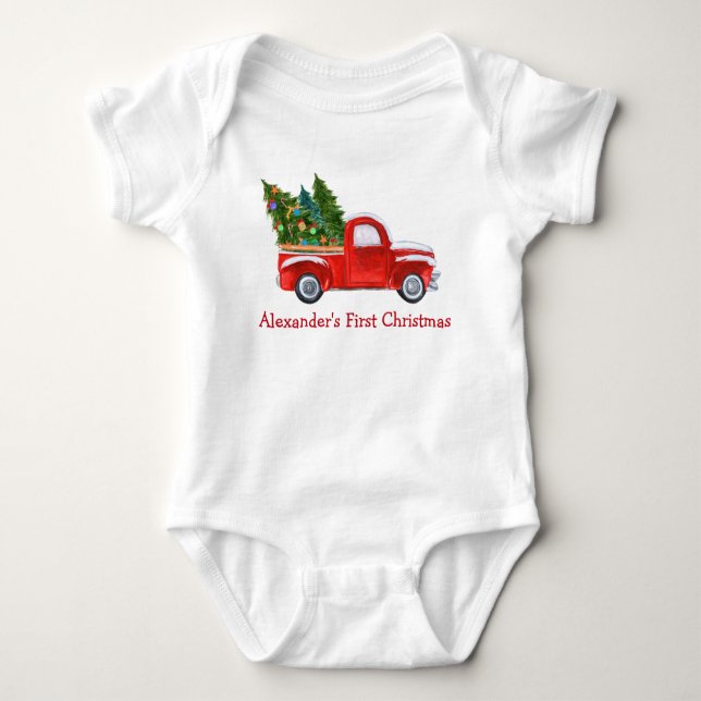 Baby Första jul Röda Lastbil Röda Namn T Shirt (Framsida)
