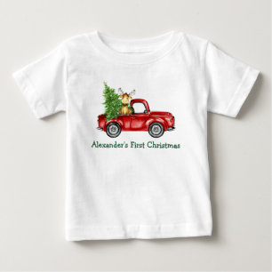 Baby Första jul Röda Lastbil Träd Moose T Shirt