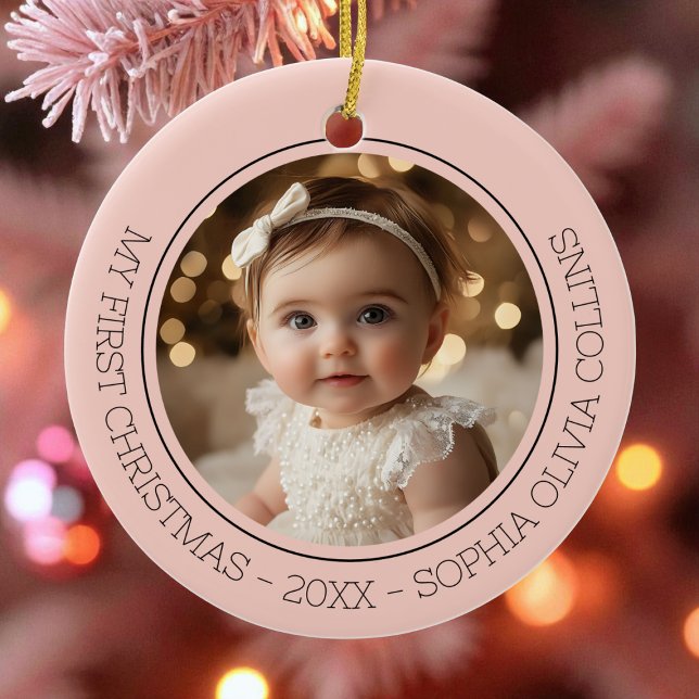 Baby Första jul Rosa Modern 2 Photo Newborn Julgransprydnad Keramik (Baby's First Christmas Pink Modern 2 Photo Newborn Ceramic Ornament)