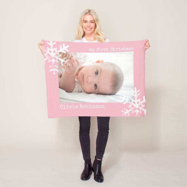 Baby Första jul-Rosa Photo med Snöflingor Fleecefilt (På plats)