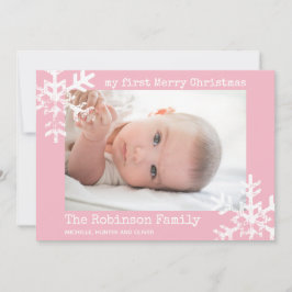 Baby Första jul-Rosa Photo med Snöflingor Julkort