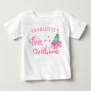 Baby Första Jul Rosa Snöman och Snöflingor T Shirt