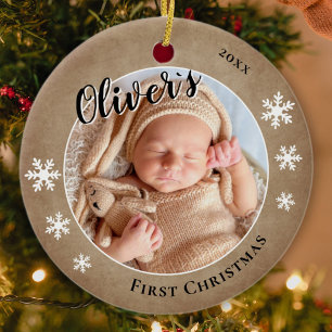 Baby Första jul Rustic Namn Photo Julgransprydnad Keramik