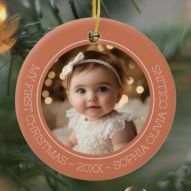 Baby Första jul Rustic Terracotta Two Photo Julgransprydnad Keramik (Baby's First Christmas Rustic Terracotta Two Photo Ceramic Ornament)