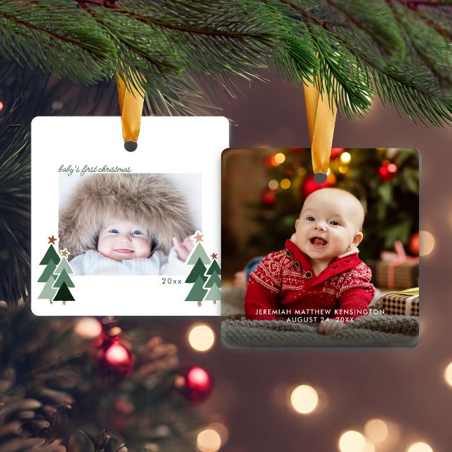 Baby Första jul Rustic Träd Photo Julgransprydnad Keramik (Baby's First Christmas Rustic Trees Photo Ceramic Ornament)
