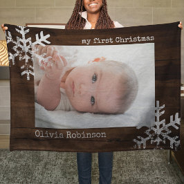 Baby Första jul Rustic Wood Photo Snowflake Fleecefilt