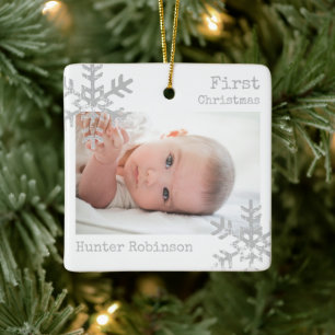 Baby Första Jul Snöflinga Foto Julgransprydnad Keramik