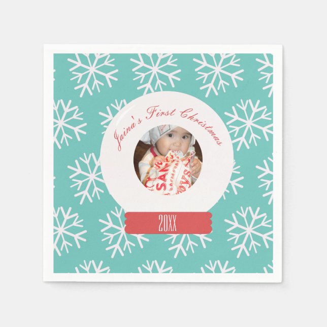 Baby Första jul Snowglobe Snöflingor Teal Pappersservett (Framsidan)