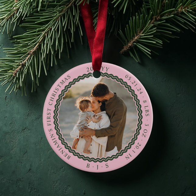 Baby första jul Vågigt Modern Minimal 2-foto Julgransprydnad Keramik (Baby First Christmas Wavy Modern Minimal 2 Photo Pink Ceramic Ornament)