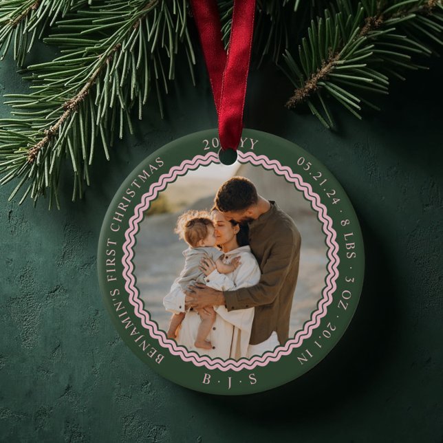 Baby första jul Vågigt Modern Minimal 2-foto Julgransprydnad Keramik (Baby First Christmas Wavy Modern Minimal 2 Photo Green Ceramic Ornament)