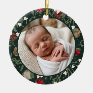 Baby första jul Vintage grön blomsterfoto Julgransprydnad Keramik