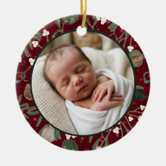 Baby första jul Vintage röd blomsterfoto Julgransprydnad Keramik