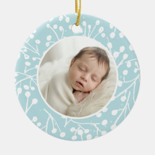 Baby Första Jul Vinter Botanisk Minimal Blå Julgransprydnad Keramik