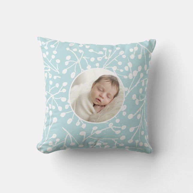 Baby Första Jul Vinter Botanisk Minimal Blå Kudde (Framsida)