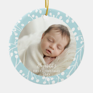 Baby Första Jul Vinter Botaniska Bär Blå Julgransprydnad Keramik