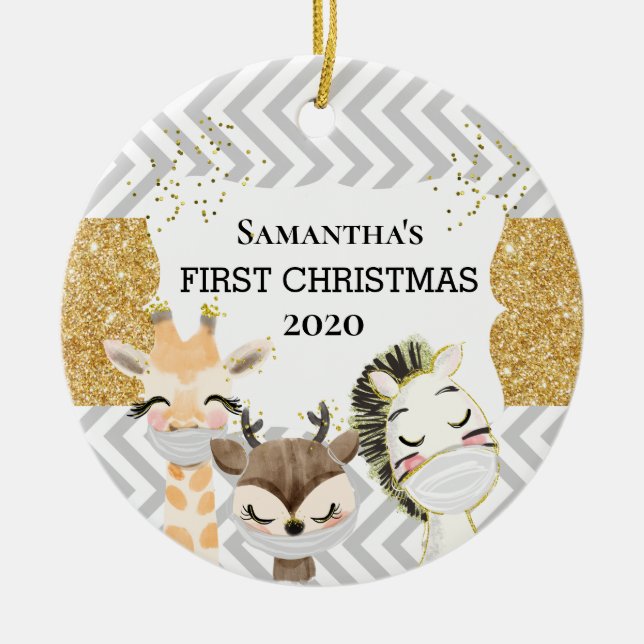 Baby Första jul Zebra guld Giraffe 2020 Julgransprydnad Keramik (Framsidan)