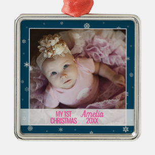 Baby första julblått med foto snöflingor julgransprydnad metall