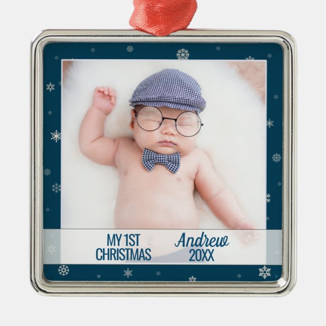 Baby första julblått med foto snöflingor julgransprydnad metall (Framsidan)