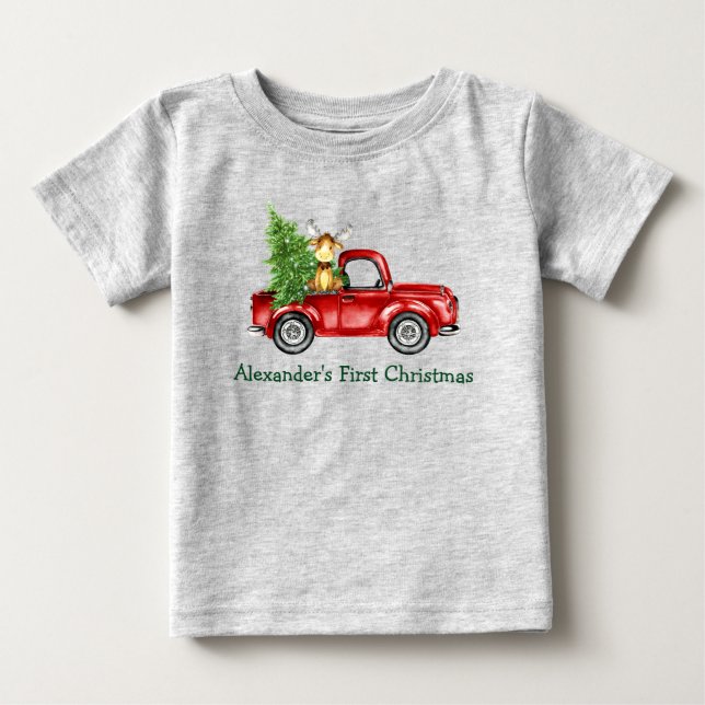 Baby Första juldagen Röda Lastbil Träd Moose Grått T Shirt (Framsida)