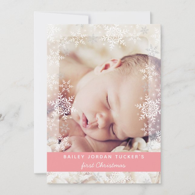 Baby Första juldagen Snöflingor Rosa Fotofödelse i Meddelande (Framsida)