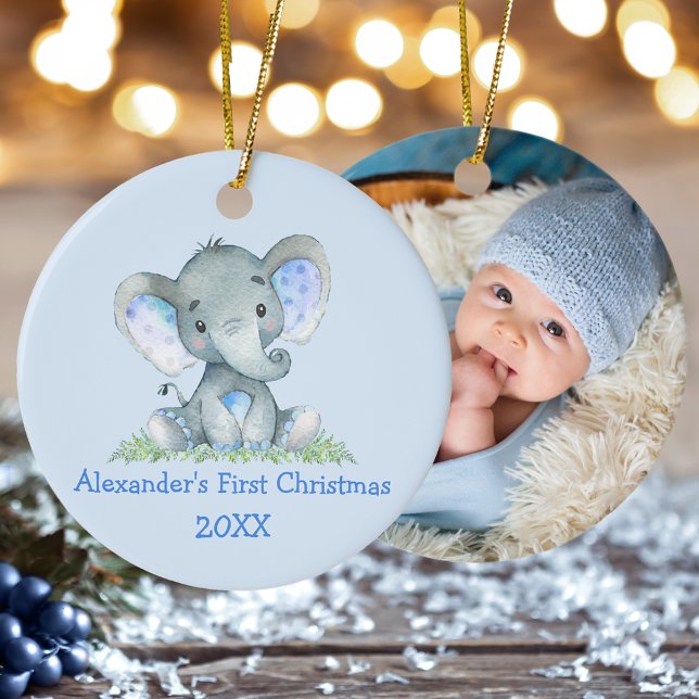 Baby Första julen, elefant Blue PHOTO Julgransprydnad Keramik (Customize with name, year and photo on back.)